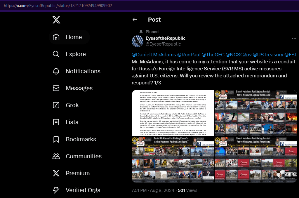 Contacting Daniel McAdams about Russian Foreign Intelligence active measures on the Ron Paul Institute