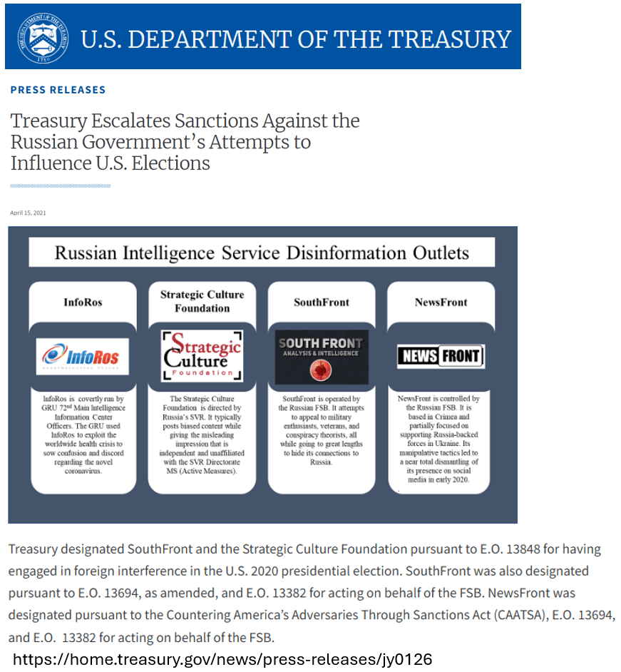 Russian Federal Security Service tasked South Front active measures on the website www.theinteldrop.org.