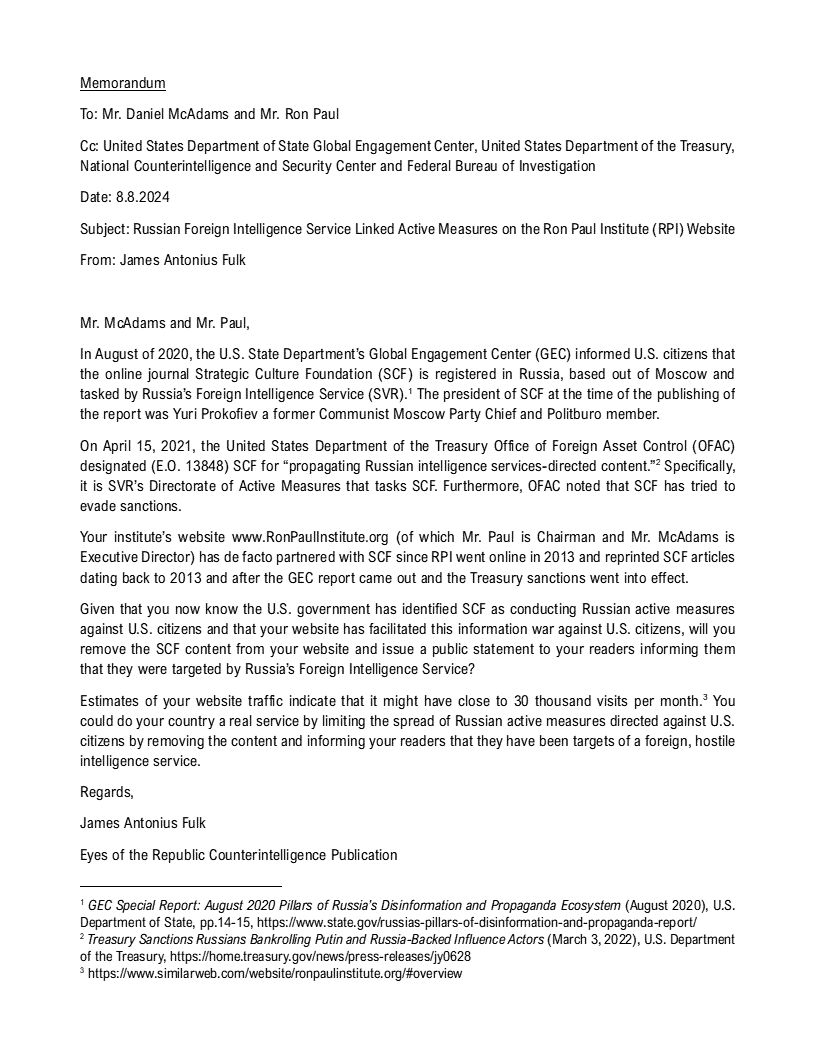 Letter to Daniel McAdams of the Ron Paul Institute with the State Department and FBI on copy regarding Russian active measures on the Ron Paul Institute website.